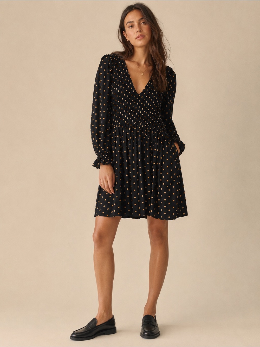 MADEWELL • black and gold polka dot lucie dress with smocked details